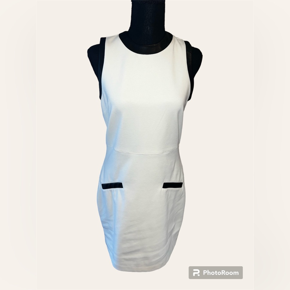 Express Dress, Size Medium, Crisp White with Black Leather Trim